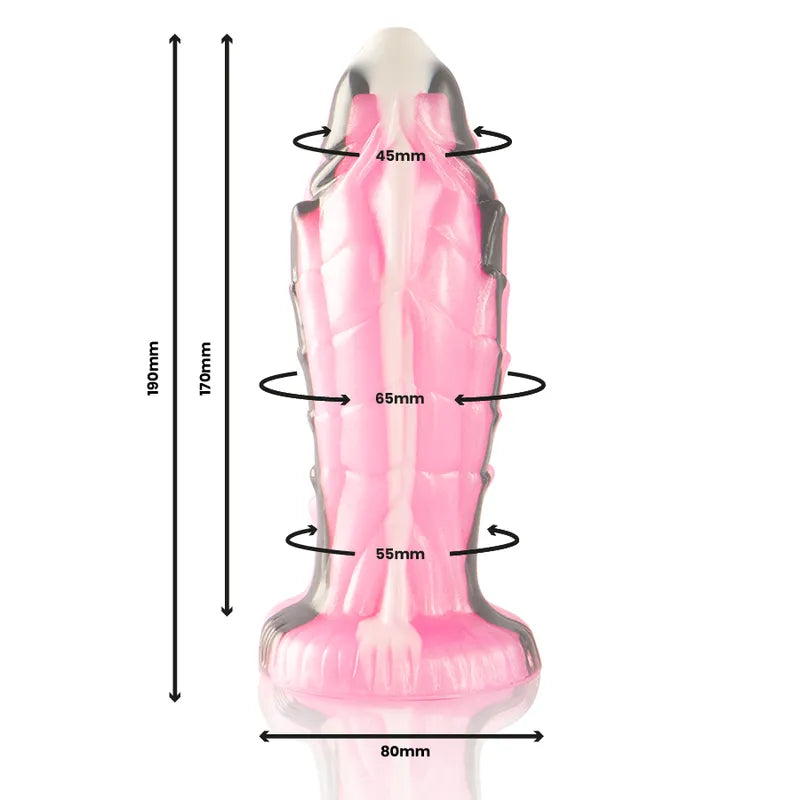 Gode Triton silicone rose et gris, textures marines, courbes ergonomiques, base stable, finition haut de gamme.