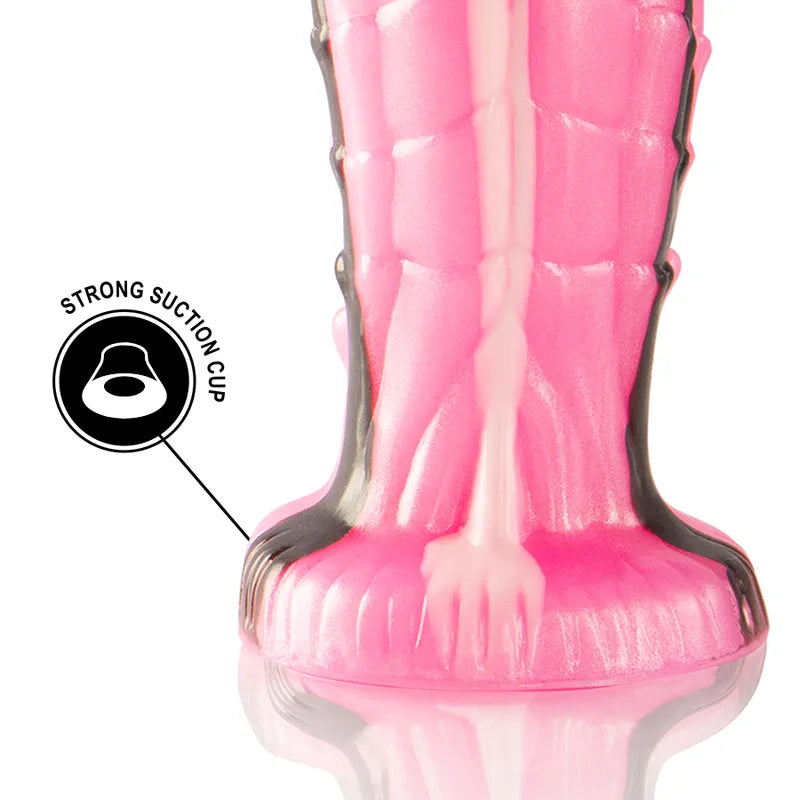 Gode silicone Triton rose et noir, texture marine réaliste, base ventouse, design mythologie grecque, finition haut de gamme.