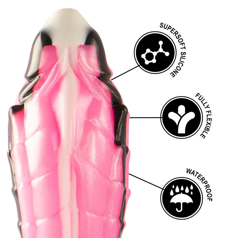 Gode silicone Triton rose et noir, texture réaliste, courbes ergonomiques, base stable, finition haut de gamme.