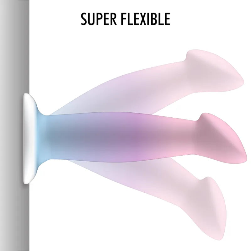 Gode silicone ergonomique rose-violet avec base d'aspiration, flexible, texture douce, 15cm, stimulation point G et prostate.