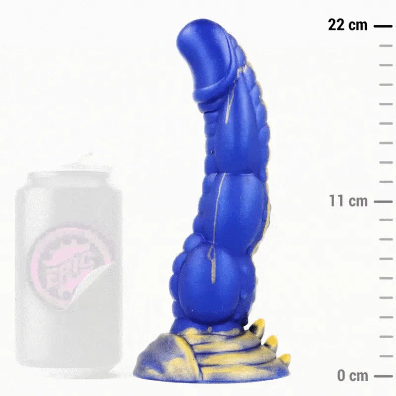 Gode silicone bleu texturé Poséidon, forme courbée, base stable, détails dorés, inspiré mythologie grecque.