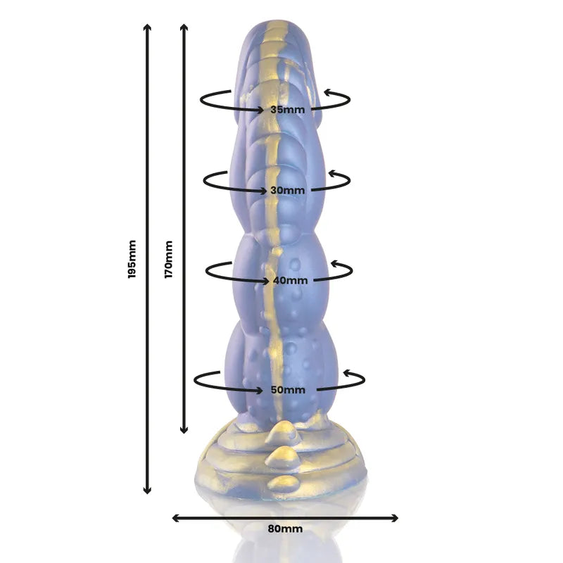 Gode silicone bleu et doré, texturé, inspiré de Poséidon, forme réaliste, 195mm de hauteur, base stable, design mythologique.