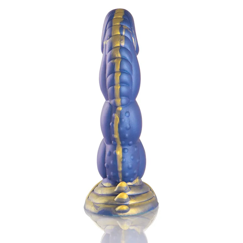 Gode silicone bleu et or, texturé, inspiré de Poséidon, forme réaliste, base stable, design mythologique.