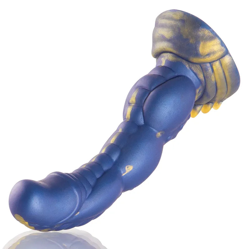 Gode silicone Poséidon bleu et or, texturé, inspiré mythologie grecque, forme réaliste, ergonomique, stable.