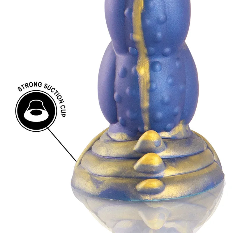 Gode silicone bleu et doré texturé, inspiré de Poséidon, avec ventouse puissante pour plaisir mythologique.