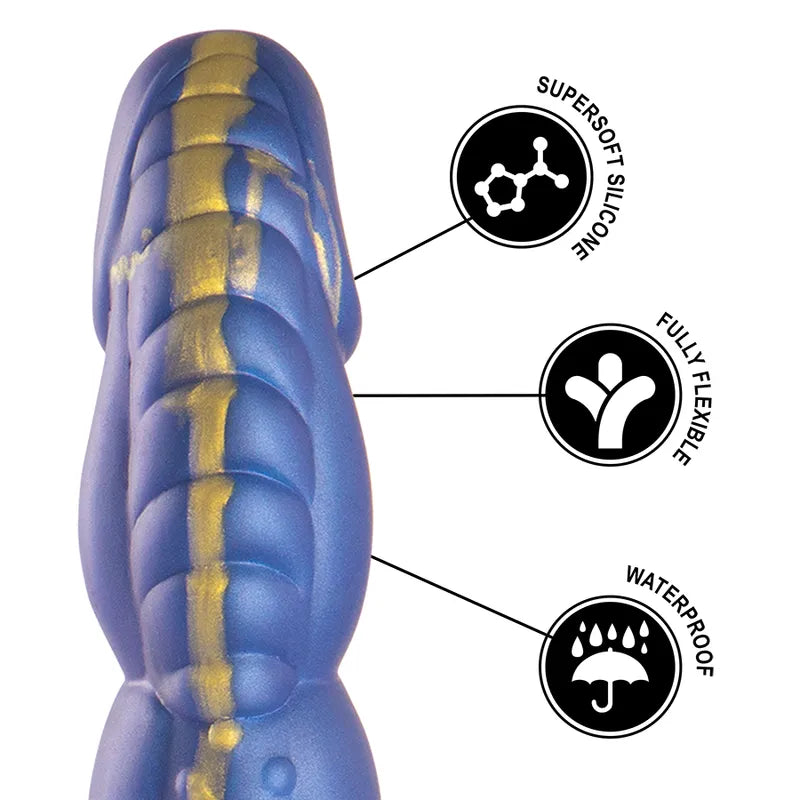 Gode silicone bleu et or, texturé, inspiré de Poséidon, ergonomique, flexible, doux, étanche, mythologie grecque.