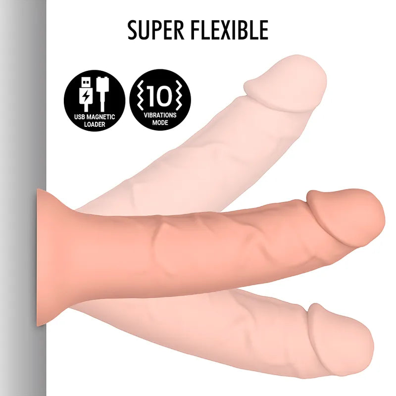 Gode silicone réaliste vibrant, couleur chair, texture veinée, flexible, avec modes vibration et chargeur magnétique USB.