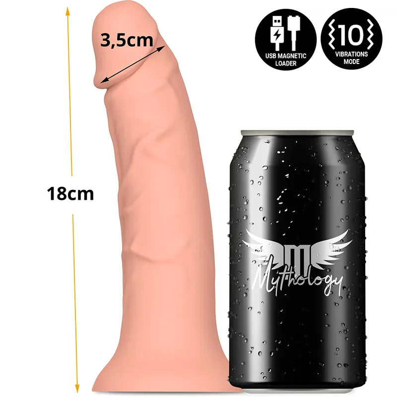 Gode silicone réaliste vibrant beige, 18cm, texture veinée, base ventouse, télécommande sans fil, chargeur magnétique inclus.