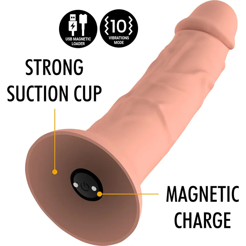 Gode silicone réaliste vibrant, couleur chair, base ventouse, texture veinée, rechargeable magnétiquement, télécommande.