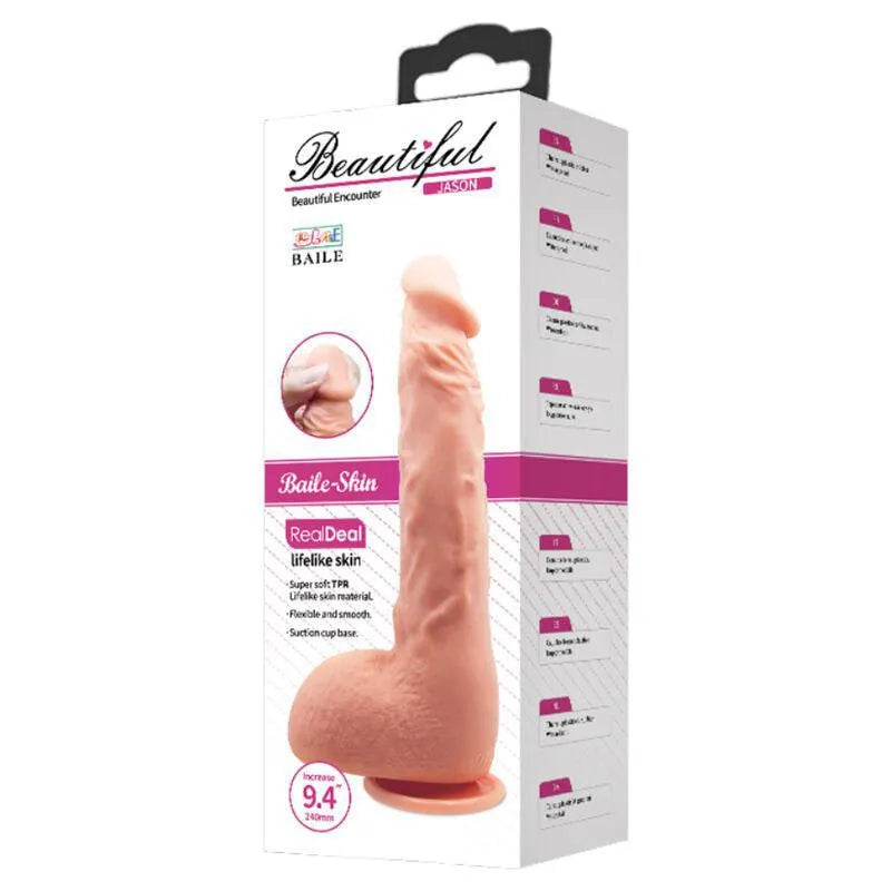 Gode ventouse courbé réaliste TPR beige, texture veinée, stimulation point G, emballage blanc et rose.