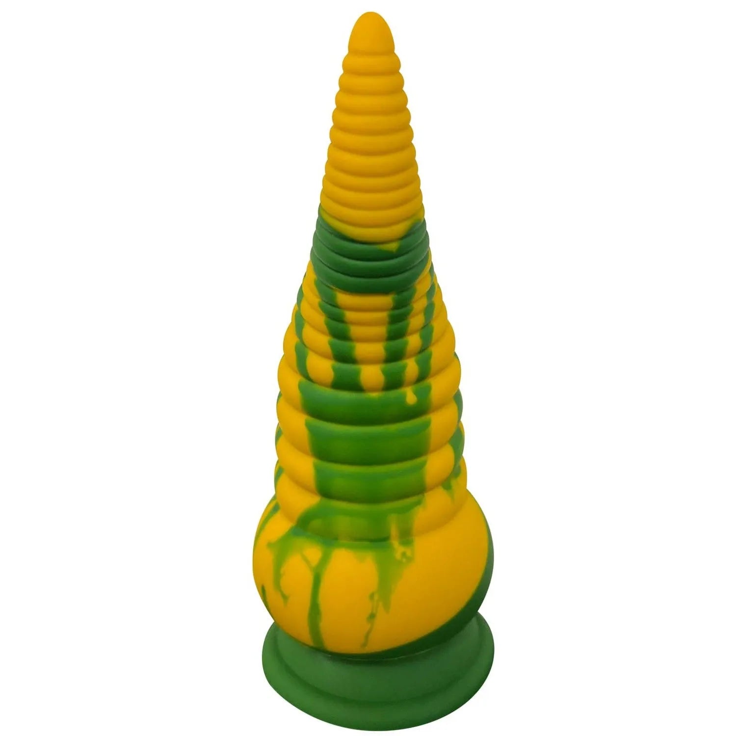Gode tentacule silicone réaliste jaune et vert, texture douce, ventouse puissante, 21cm, inspiré de l'érotisme japonais.