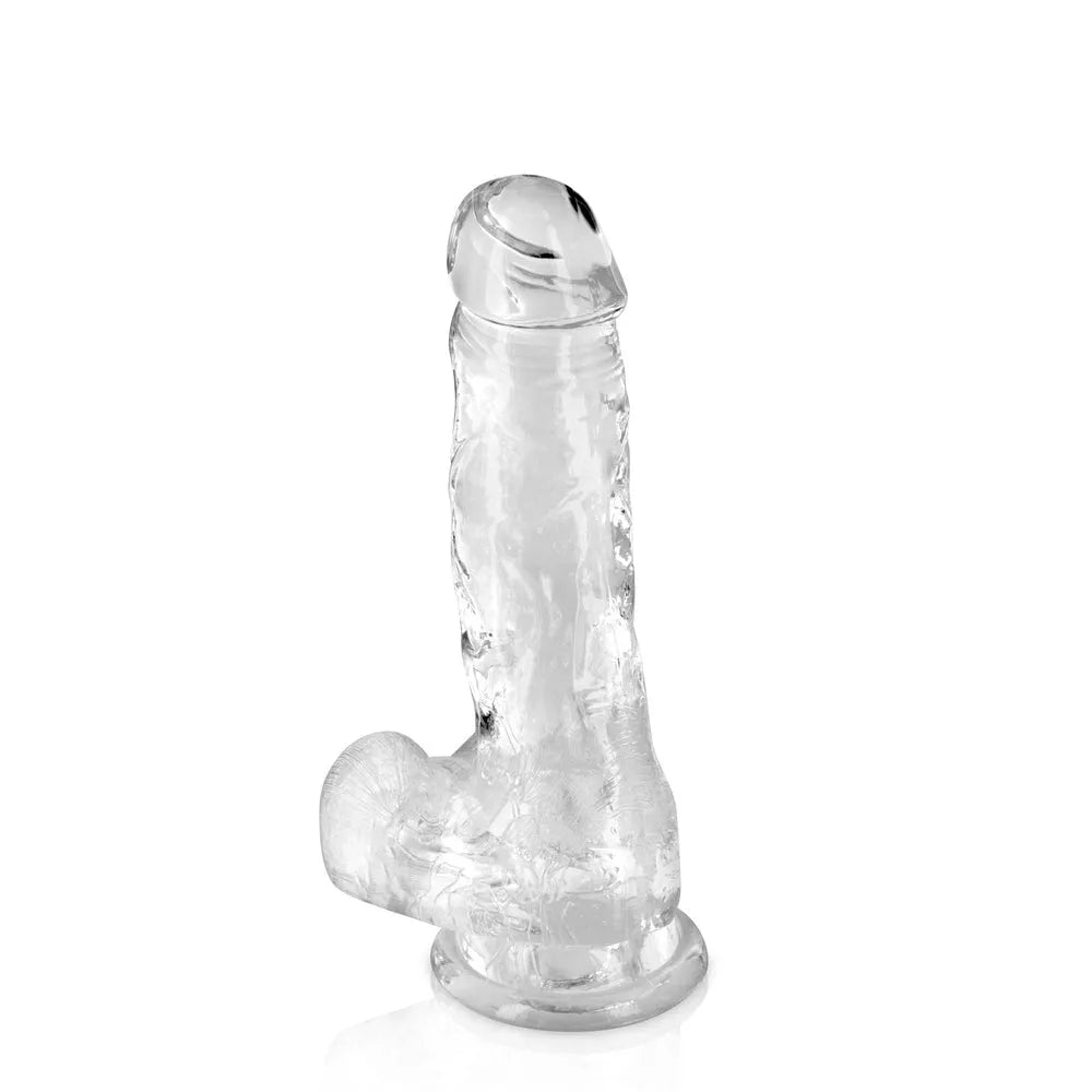 Gode transparent réaliste avec ventouse, gland et testicules en TPE hypoallergénique, idéal débutants, nettoyage facile.