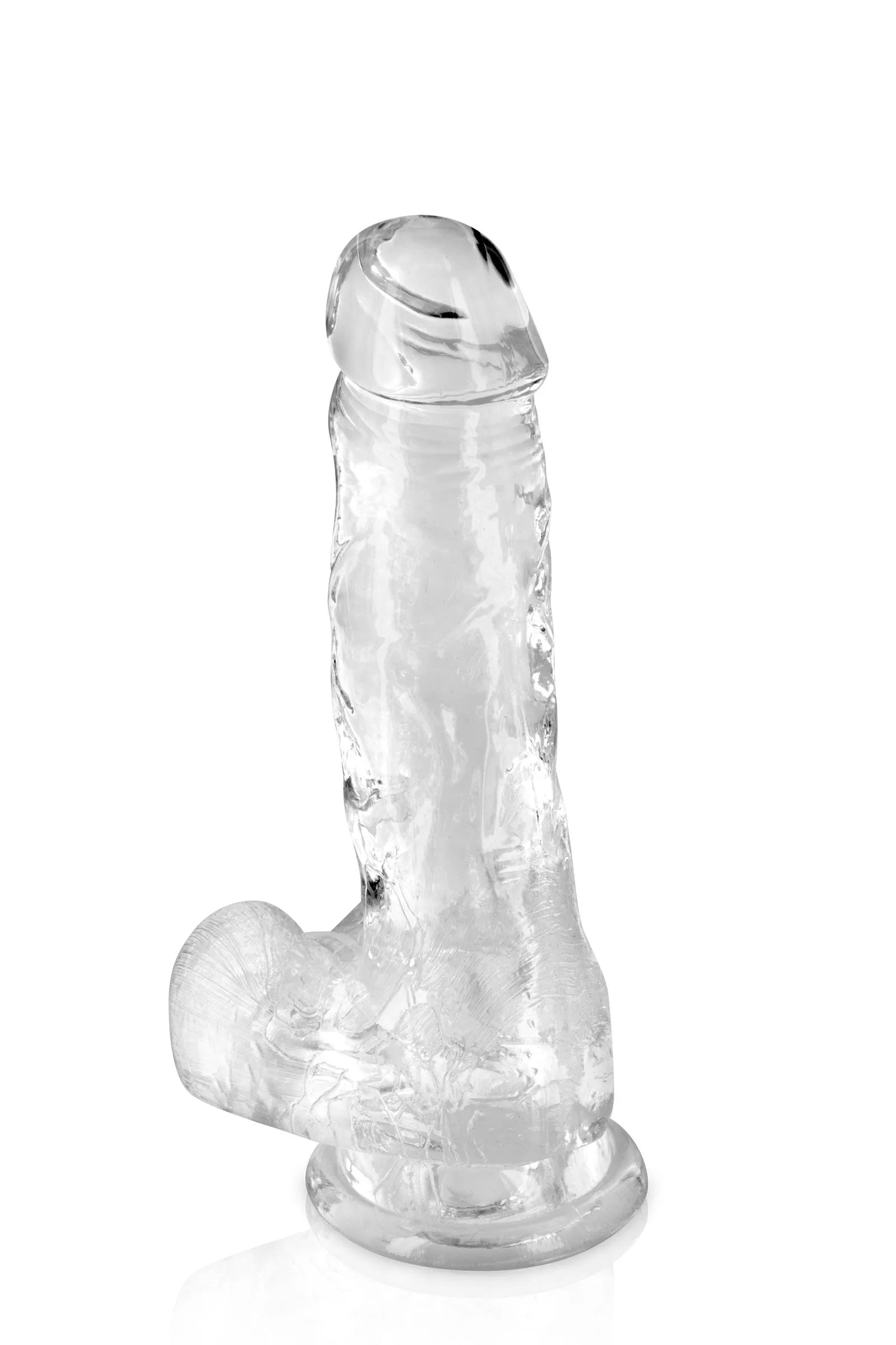 Gode transparent réaliste avec gland et testicules, ventouse résistante, en TPE hypoallergénique, idéal débutants.