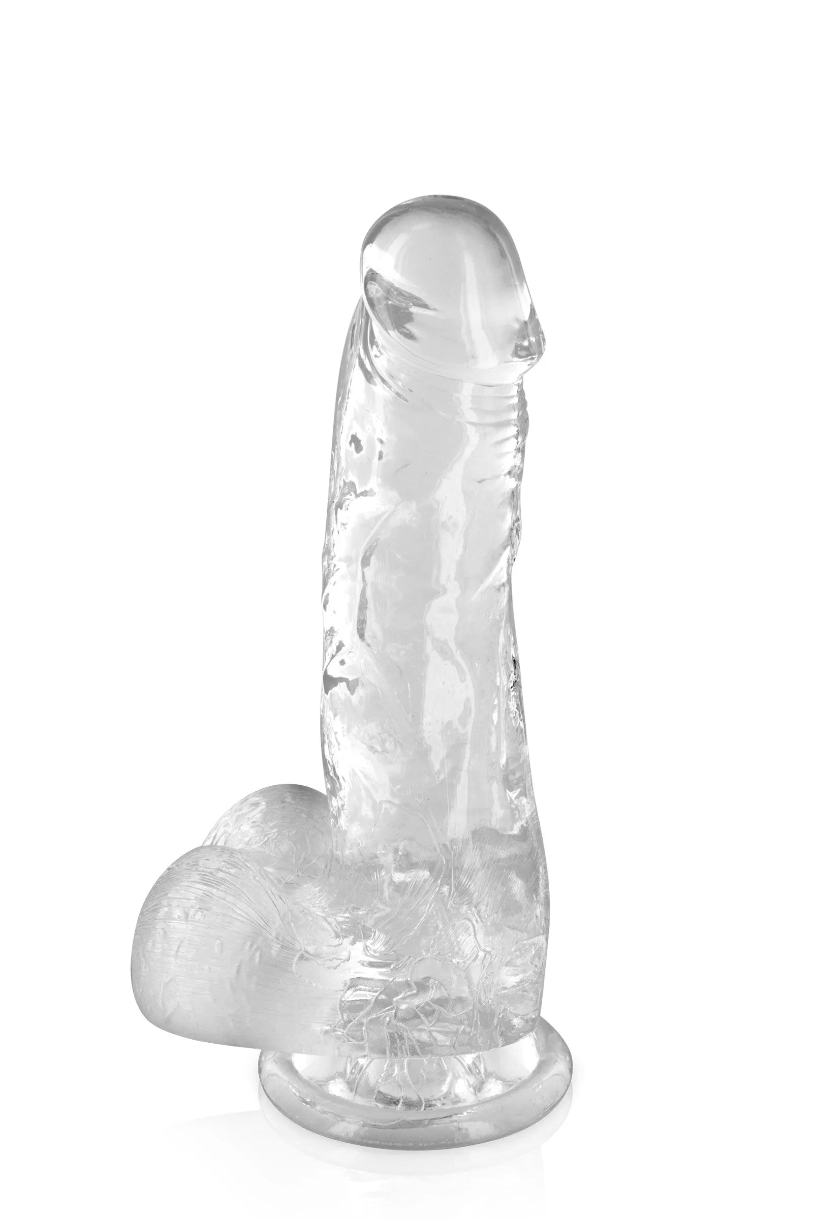 Gode transparent réaliste avec gland et testicules, ventouse résistante, TPE hypoallergénique, idéal débutants.