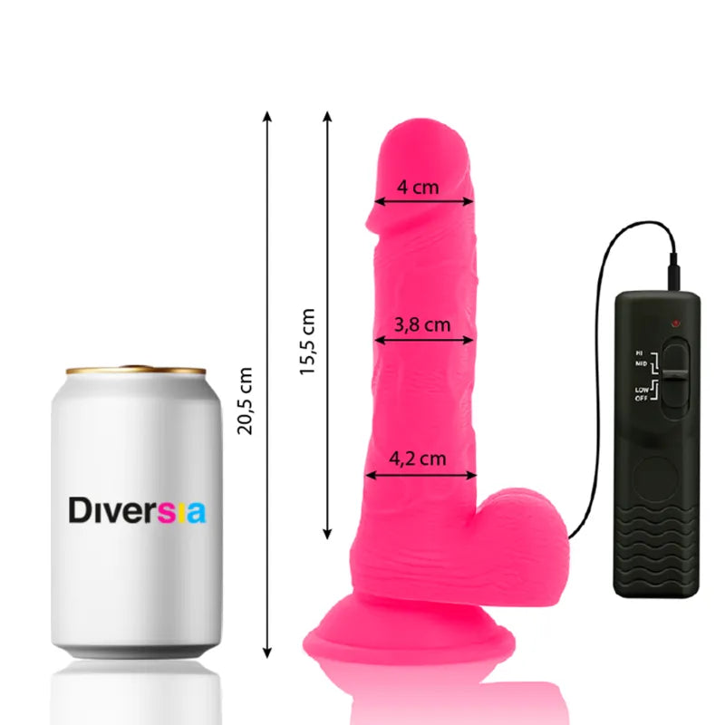 Gode ventouse rose flexible avec télécommande, dimensions indiquées, à côté d'une canette pour comparaison de taille.