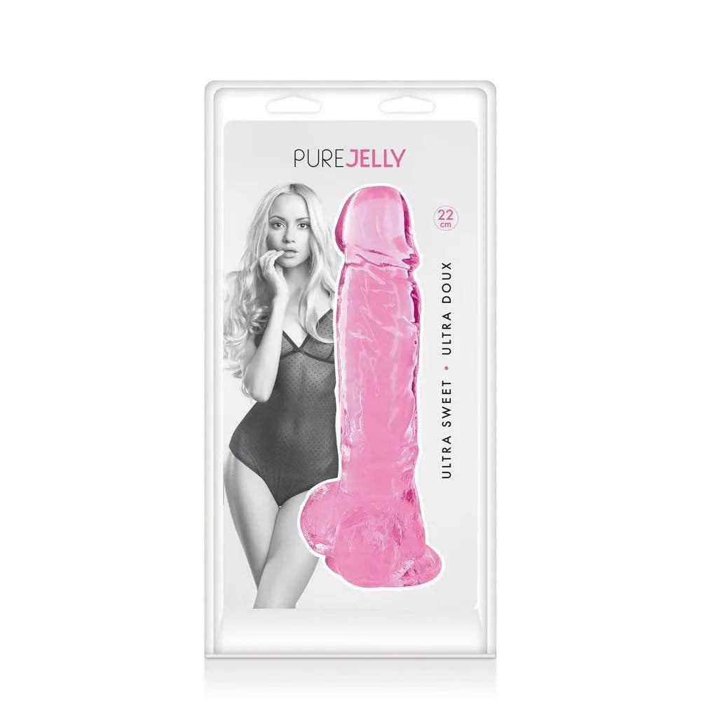 Gode ventouse rose translucide TPE, 22cm, diamètre 4.7cm, gland et testicules réalistes, ventouse pour usage mains libres.