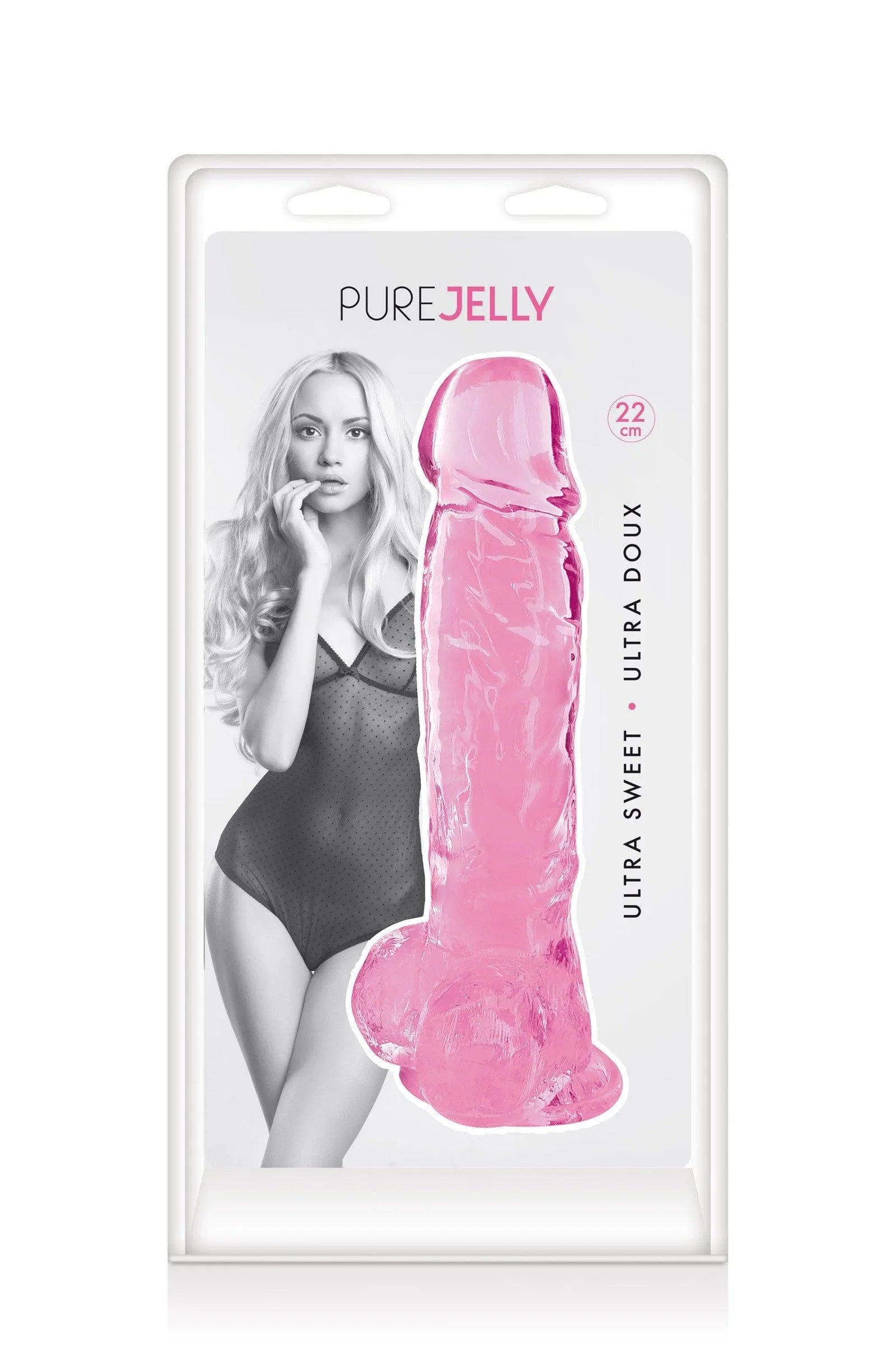 Gode ventouse rose translucide TPE 22cm, gland et testicules réalistes, ventouse robuste pour usage mains libres.