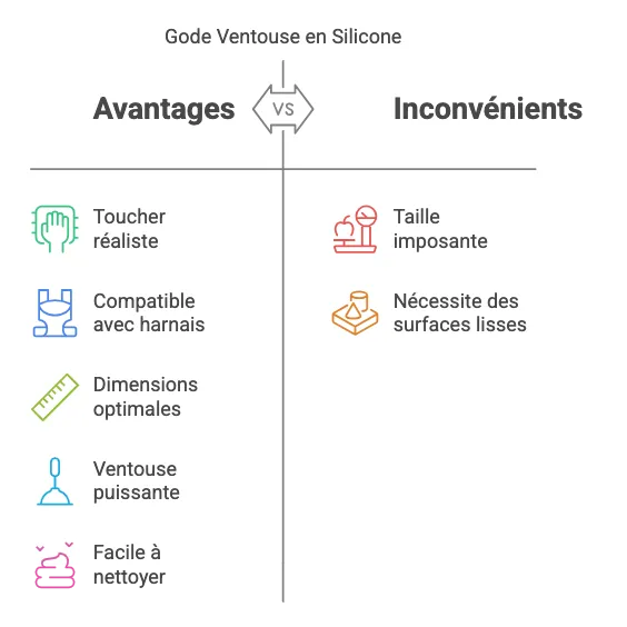 Tableau comparatif des avantages et inconvénients du gode ventouse en silicone: toucher réaliste, compatible harnais, tail...