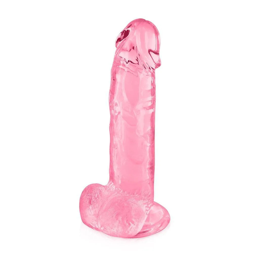Gode ventouse rose translucide réaliste avec gland et testicules, 20cm, TPE sans phtalates, flexible et hygiénique.