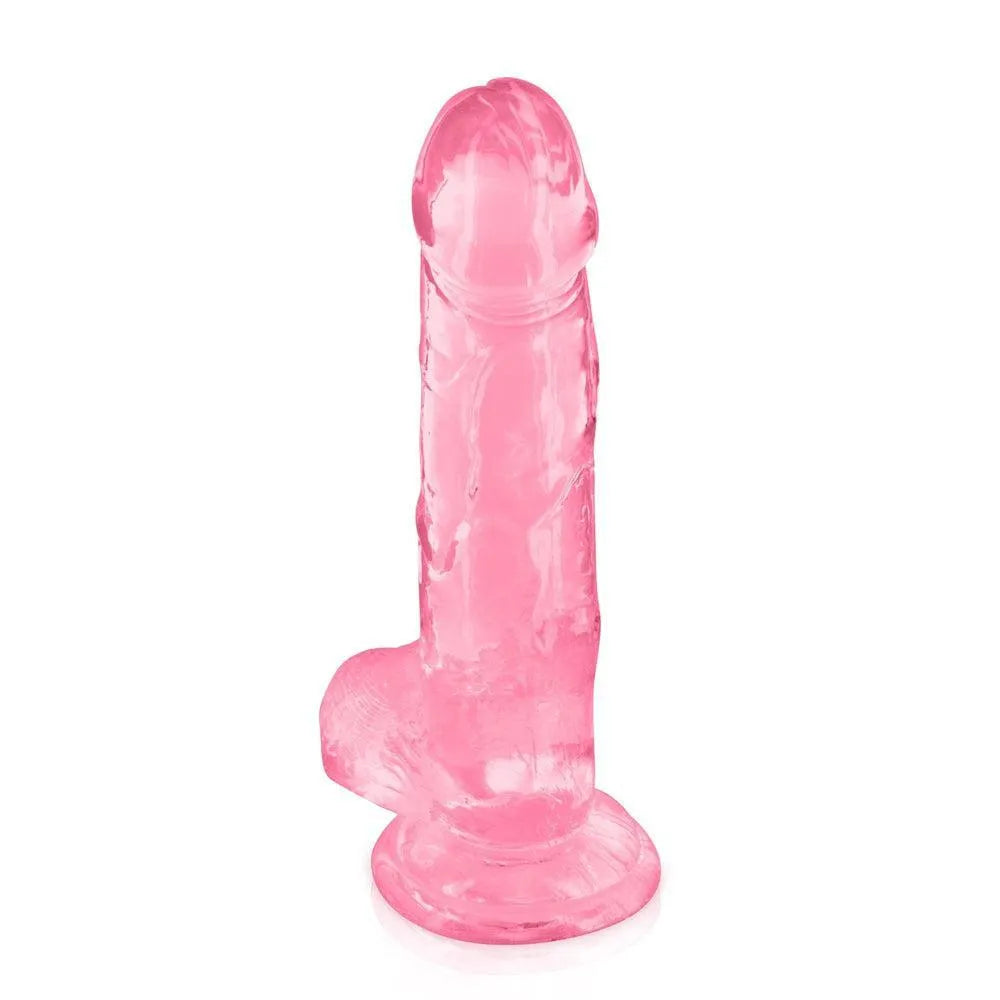 Gode ventouse rose translucide réaliste en TPE, 20cm, avec gland et testicules, ventouse pour fixation sur surfaces planes.