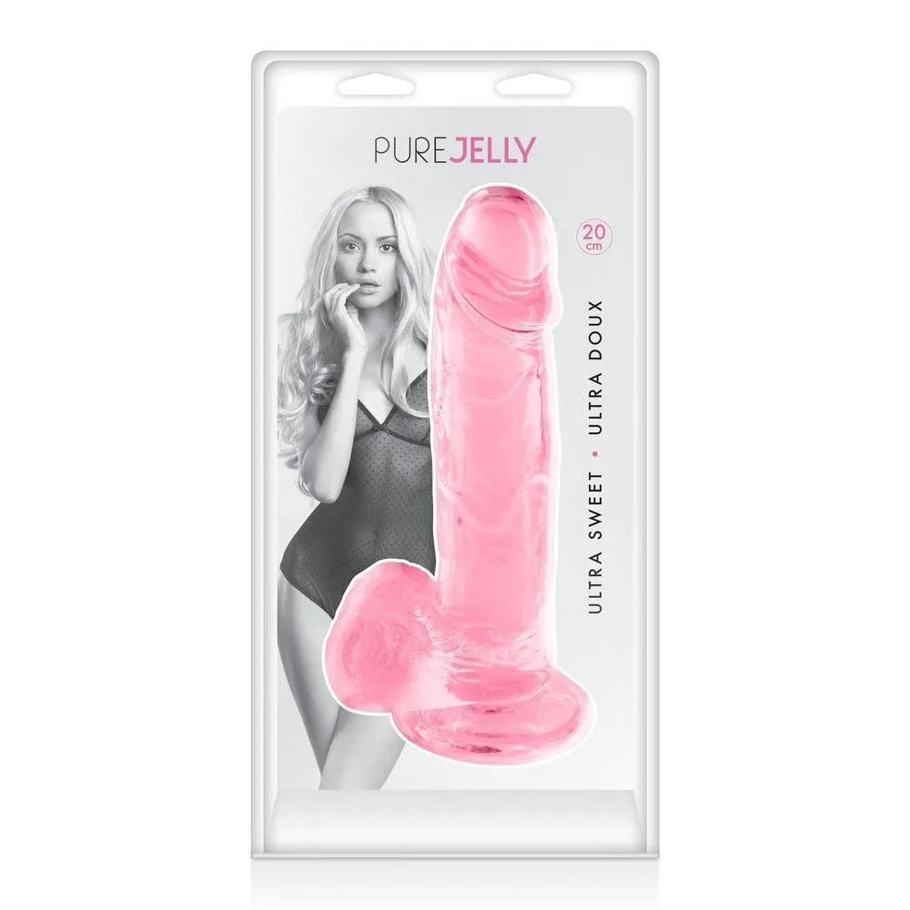 Gode ventouse rose translucide réaliste en TPE, 20cm, avec gland et testicules, flexible et hygiénique, sur fond blanc.