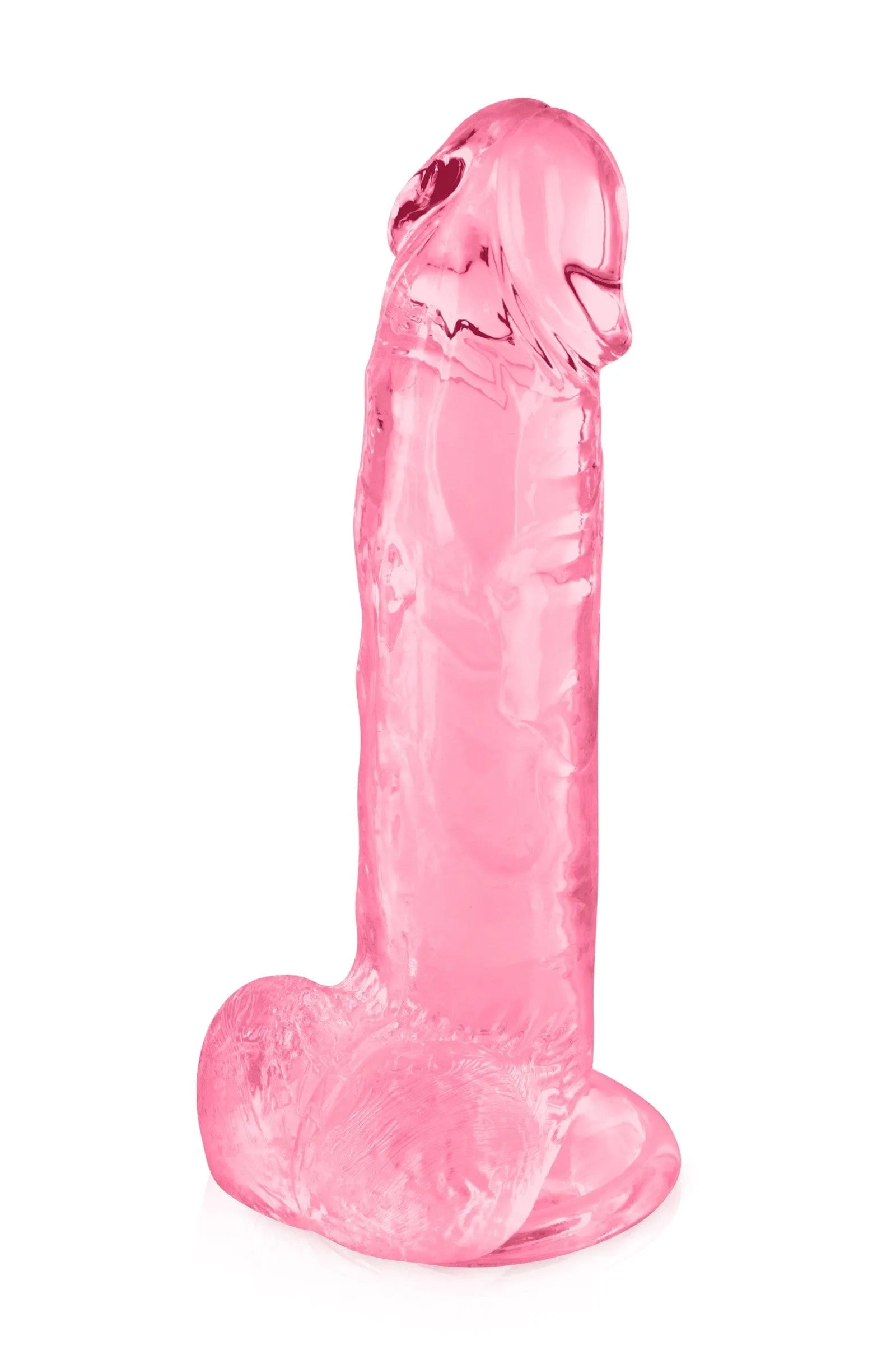Gode ventouse rose translucide réaliste en TPE, 20cm, avec gland et testicules, flexible et hygiénique, sans phtalates.