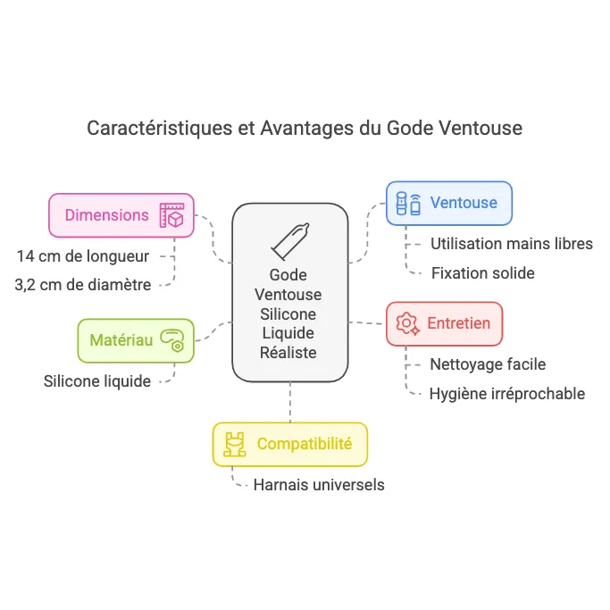 Gode ventouse silicone liquide réaliste 14 cm, couleur chair, fixation puissante, compatible harnais, nettoyage facile.
