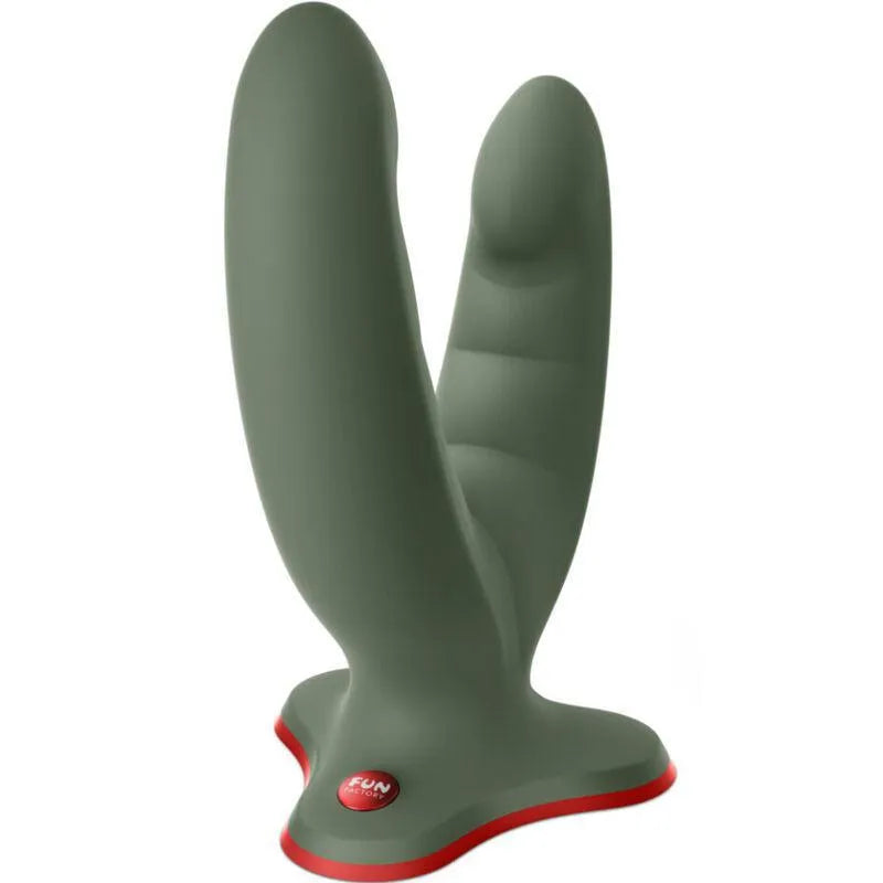 Gode ventouse texturé gris à crêtes, double stimulation clitoridienne et anale, silicone étanche, compact et discret.