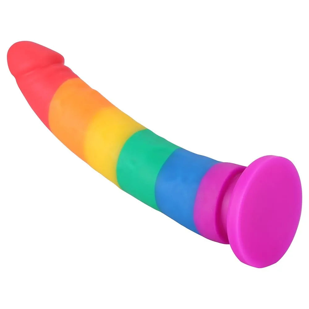 Gode ventouse multicolore silicone hypoallergénique 22cm, forme ergonomique, surface lisse, compatible harnais.