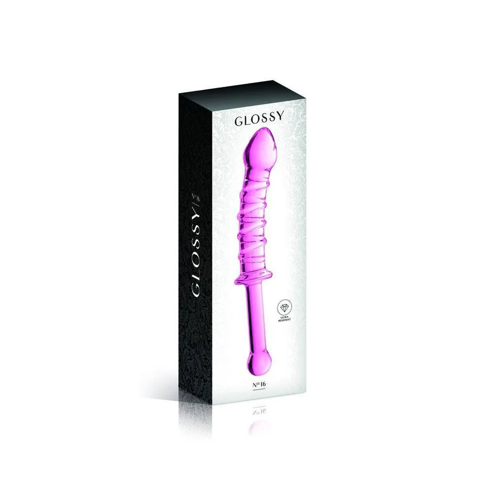 Gode en verre rose strié avec poignée, 23 cm, design élégant, chauffable et refroidissable, dans une boîte Glossy.