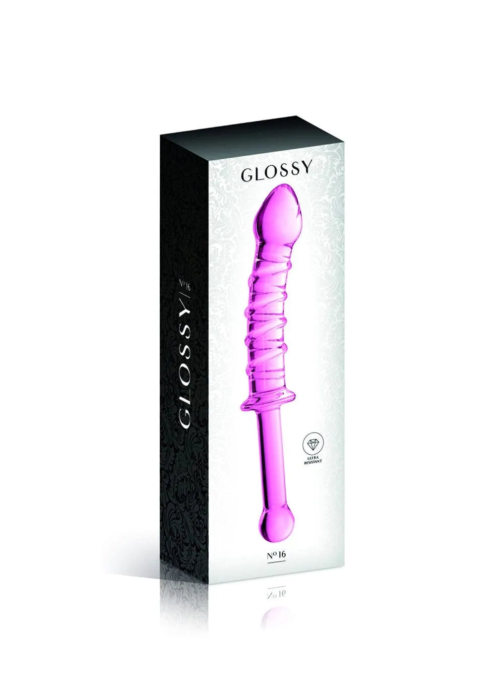 Gode en verre rose strié avec poignée, 23 cm, sur fond blanc, emballage élégant, jouet intime chauffable et refroidissable.
