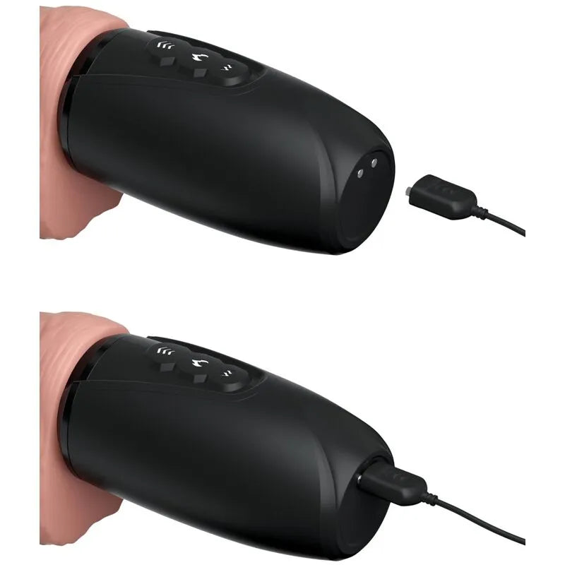 Gode vibrant chauffant noir, forme réaliste, avec chargeur USB, boutons de contrôle, texture lisse, ergonomique.