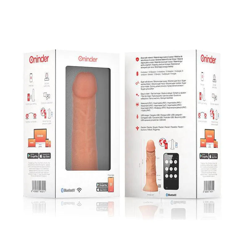 Gode vibrant silicone rose ergonomique connecté, boîte blanche avec détails produit et application mobile visible.