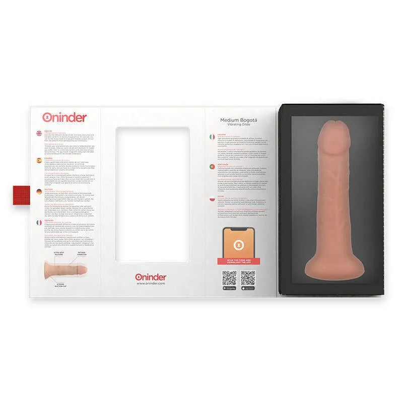 Gode vibrant en silicone rose, ergonomique, dans un coffret ouvert avec application mobile illustrée, multifonctionnel.