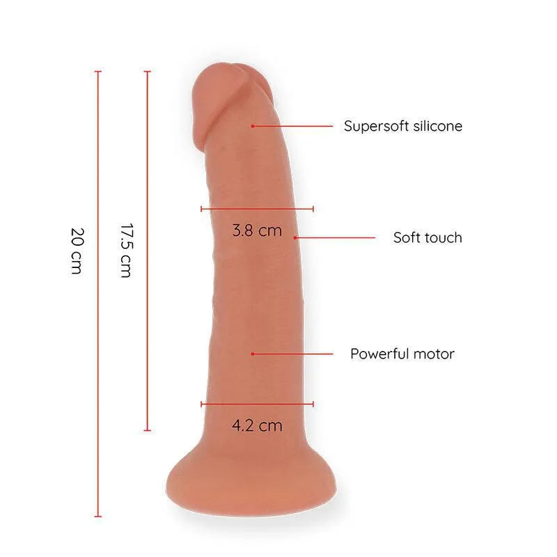 Gode vibrant silicone hypoallergénique, couleur chair, ergonomique, 20 cm, contrôlable via application, puissant et étanche.