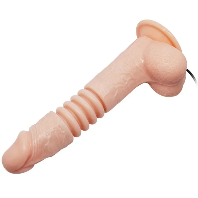 Gode vibrant réaliste beige avec ventouse, texture veinée, courbé, multivitesses, télécommande, étanche.