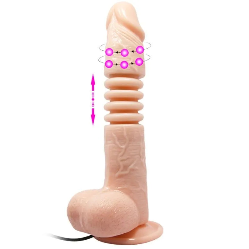 Gode vibrant réaliste beige avec ventouse, texture veinée, courbé, multivitesses, télécommande, étanche et ergonomique.
