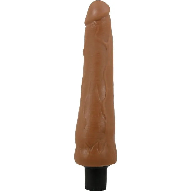 Gode vibrant réaliste mulâtre, tige veinée, tête texturée, multi-vitesses, ergonomique, couleur marron, base noire.