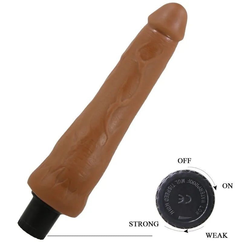 Gode vibrant réaliste mulâtre, tige veinée, tête texturée, molette multi-vitesses, matière thermoplastique.