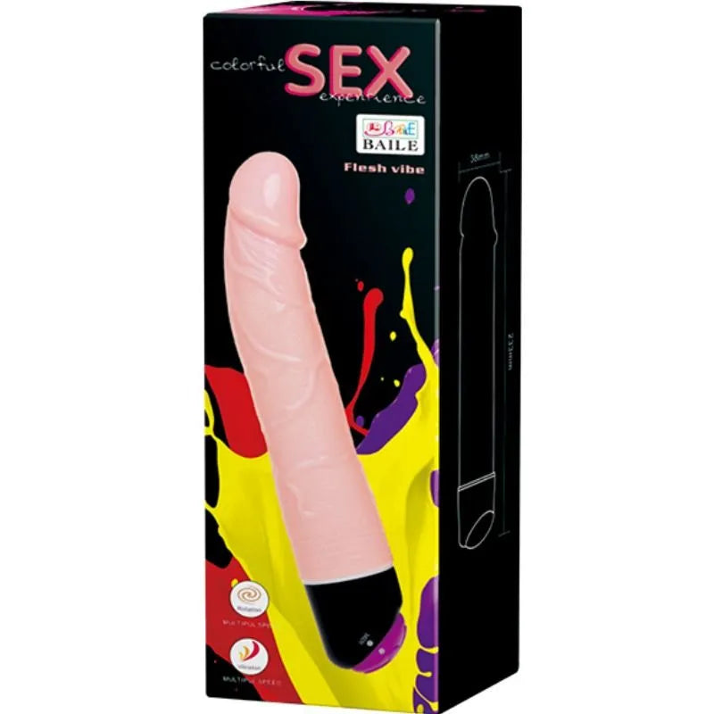 Gode vibrant réaliste rose en PVC avec base noire, sur boîte colorée, vibrations réglables pour débutants et experts.