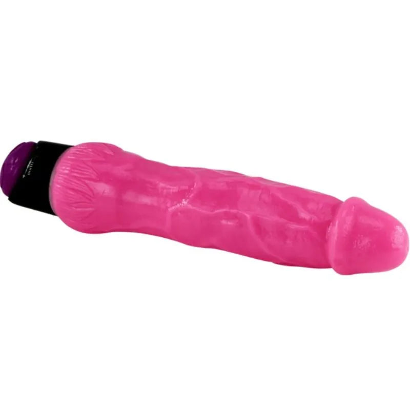 Gode vibrant rose réaliste avec veines marquées, base noire ergonomique, texture douce, contrôle multivitesse.