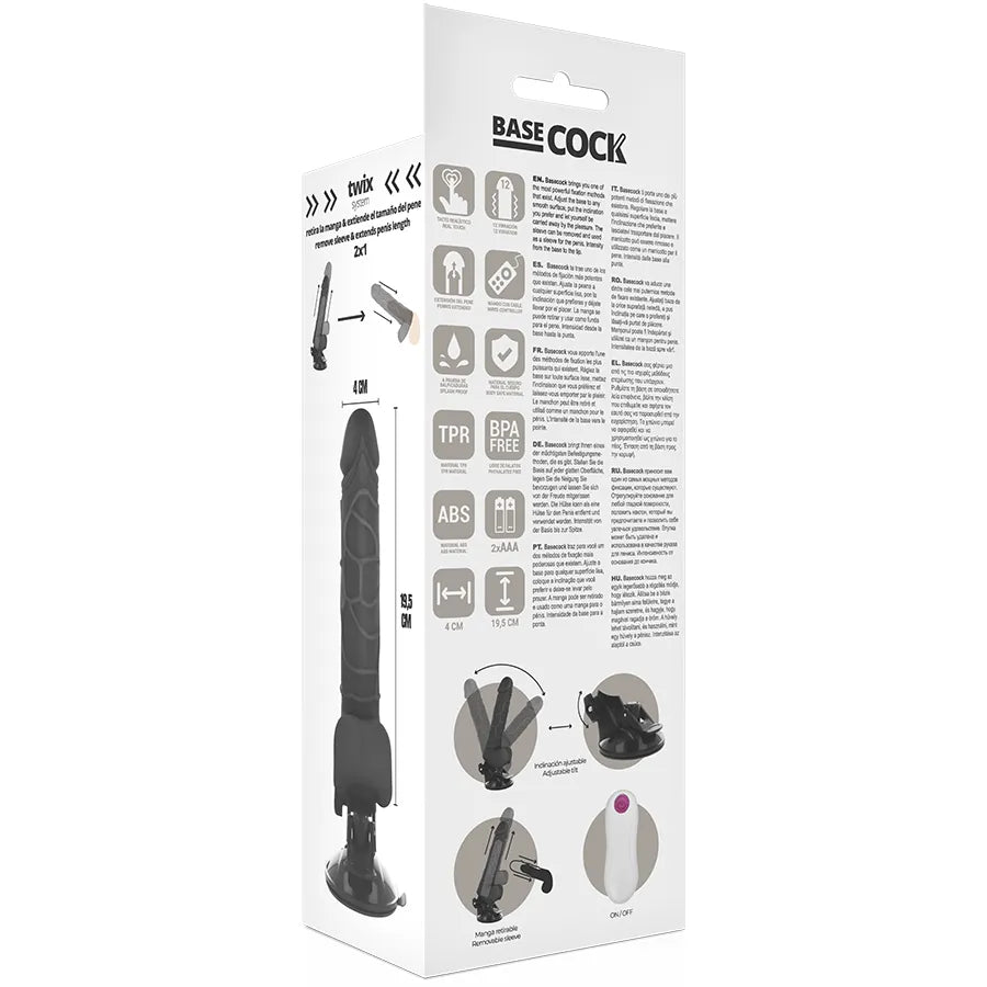 Gode vibrant réaliste noir avec ventouse, télécommande filaire, 12 modes, flexible, hypoallergénique, emballage détaillé.