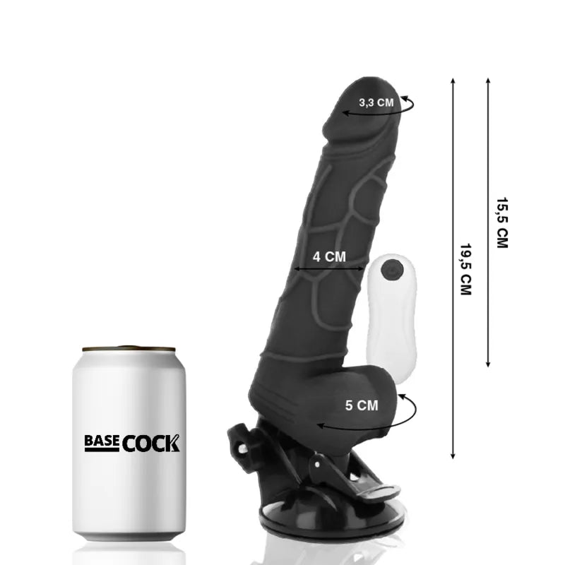 Gode vibrant réaliste noir avec ventouse, télécommande filaire, détails veinés, 12 modes, comparé à une canette.