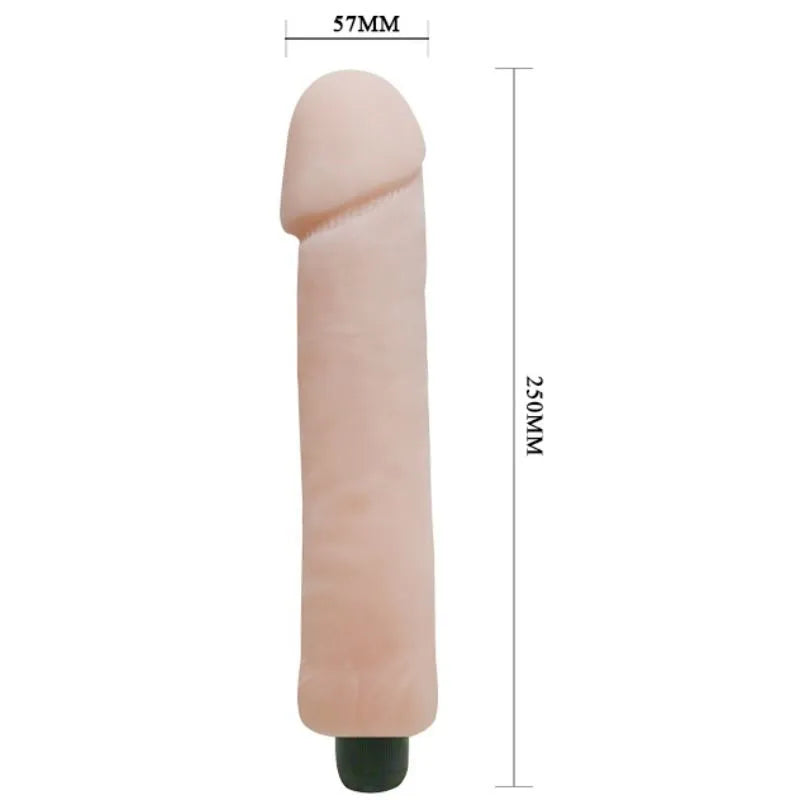 Gode vibrant réaliste beige, texture peau, 25 cm, régulateur noir à la base, design ergonomique et souple.