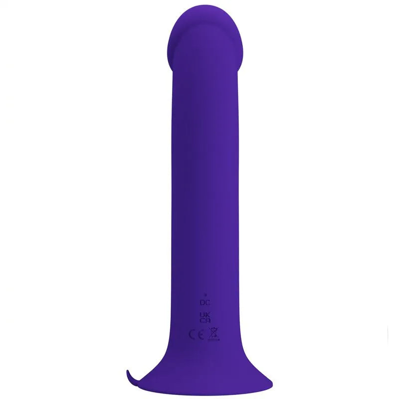 Gode vibrant violet en silicone soyeux avec ventouse, forme ergonomique, 12 fonctions de vibration pour stimulation intense.