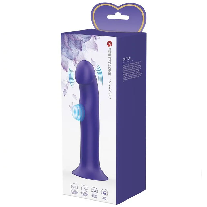 Gode vibrant violet en silicone avec ventouse, 12 fonctions, ergonomique, sur fond blanc, boîte illustrée.