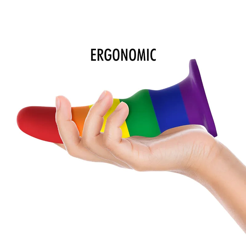 Gode vibrant silicone arc-en-ciel taille M, base ventouse, rechargeable, 13 cm, ergonomique, lubrifiant inclus.