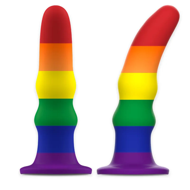 Gode vibrant silicone arc-en-ciel, taille M, base aspiration, 13 cm, rechargeable, imperméable, vibrations puissantes.