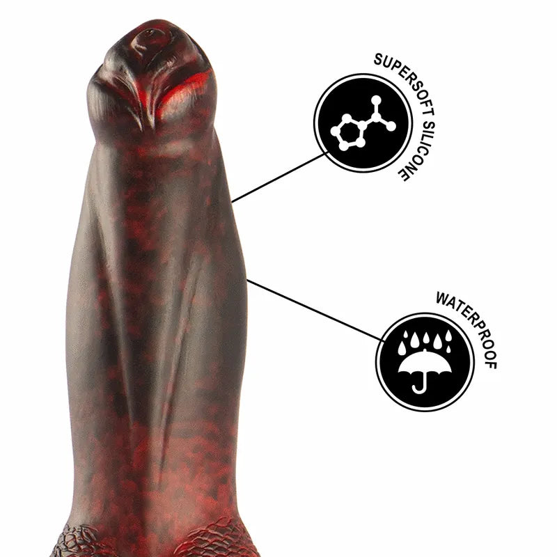 Gode vibrant rouge et noir en silicone doux, inspiré de la mythologie grecque, avec télécommande et détails réalistes.