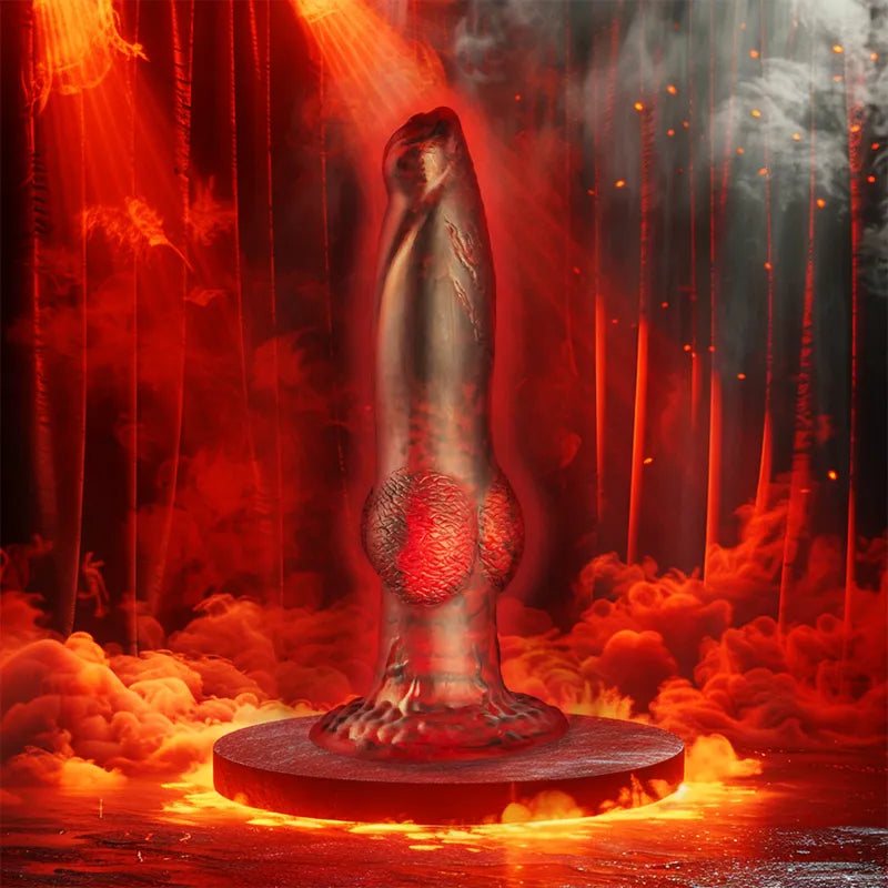 Gode vibrant rouge en silicone, design mythologique grec, sur fond de nuages et lumière rouge, télécommande incluse.